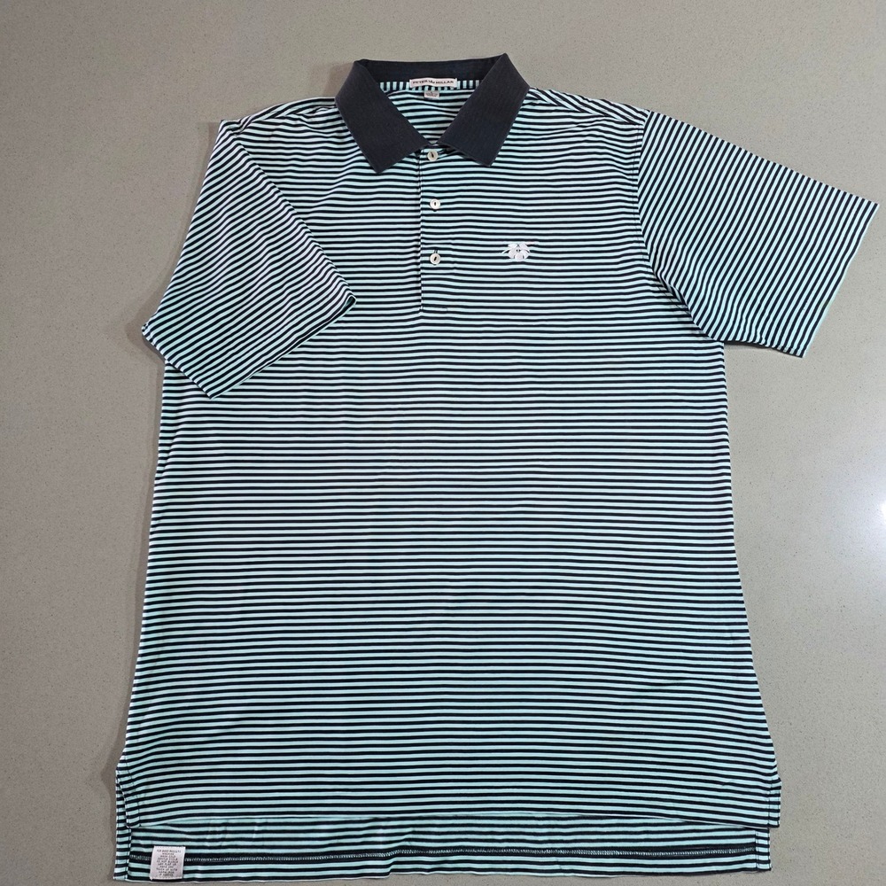 Peter Millar Mens Large Mint Green Navy Blue Striped Cotton Short Sleeve Polo
